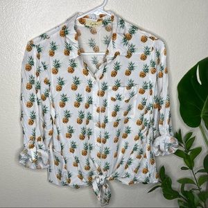 Long Sleeve Front Tie Pineapple Button Down